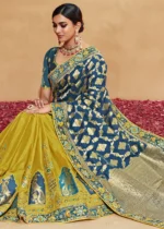 Coral Blue & Yellow Banarasi Saree