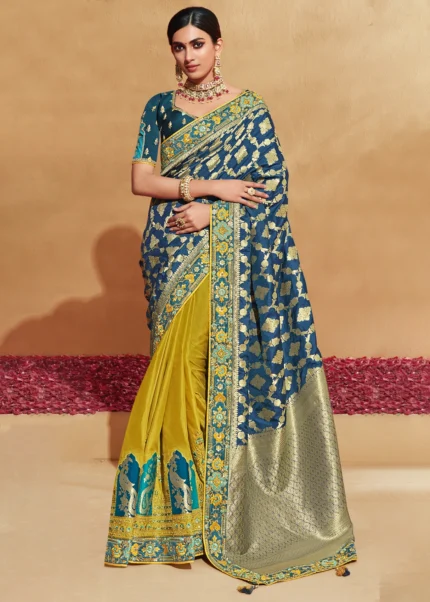 Coral Blue & Yellow Banarasi Saree