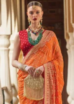 Coral Orange Georgette Silk Saree