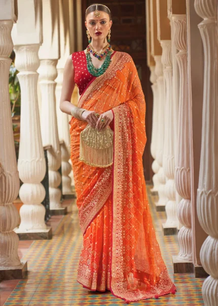 Coral Orange Georgette Silk Saree