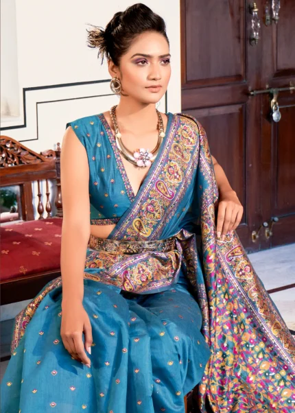 Cyan Blue Kashmiri Jamawar Pashmina Saree