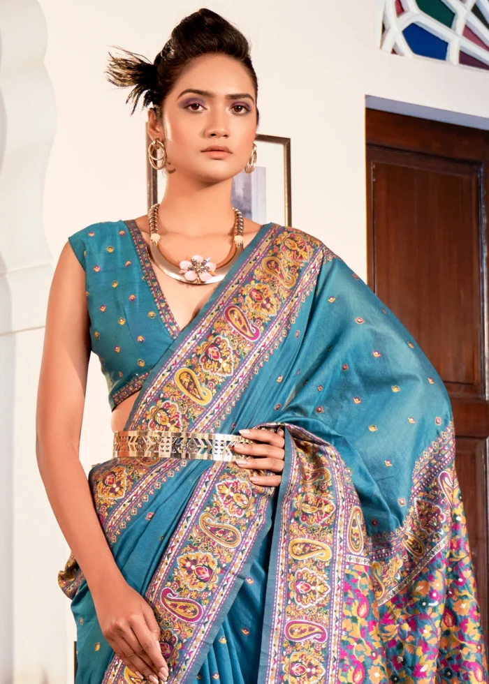 Cyan Blue Kashmiri Jamawar Pashmina Saree