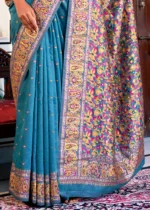 Cyan Blue Kashmiri Jamawar Pashmina Saree