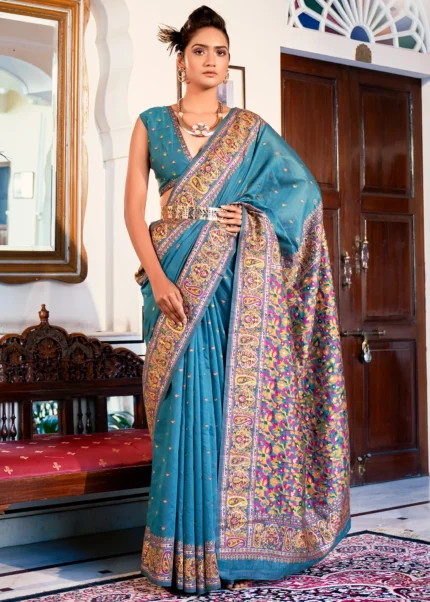 Cyan Blue Kashmiri Jamawar Pashmina Saree