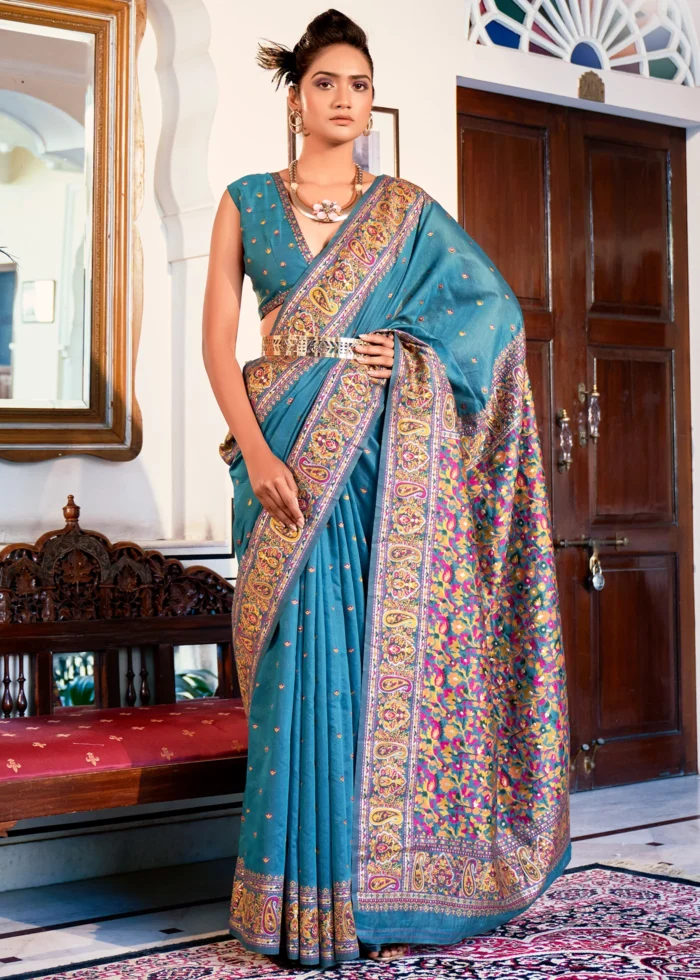 Cyan Blue Kashmiri Jamawar Pashmina Saree