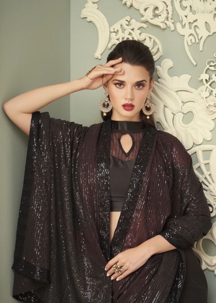 Dark Brown Georgette Sequins Saree