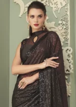 Dark Brown Georgette Sequins Saree