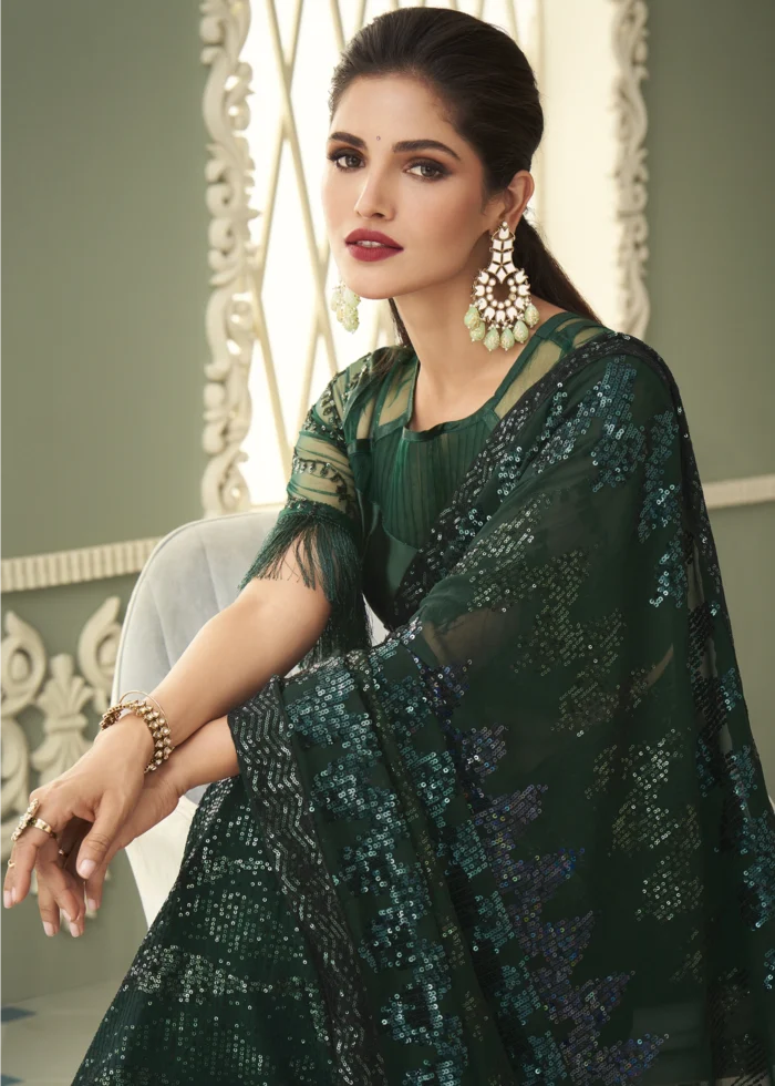 Dark Green Georgette Sequins Saree