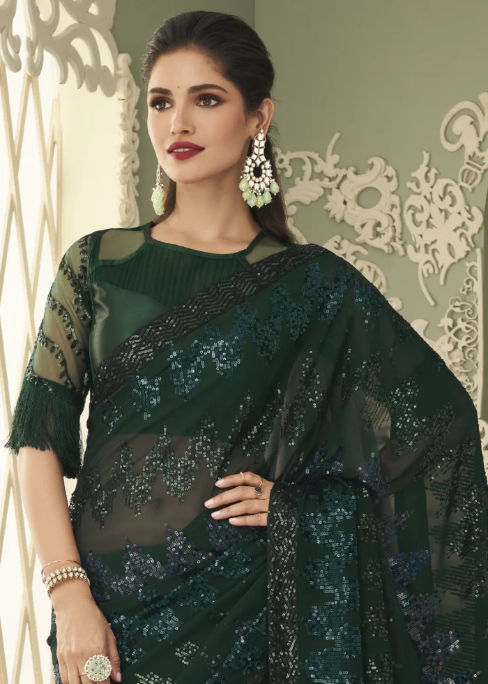 Dark Green Georgette Sequins Saree