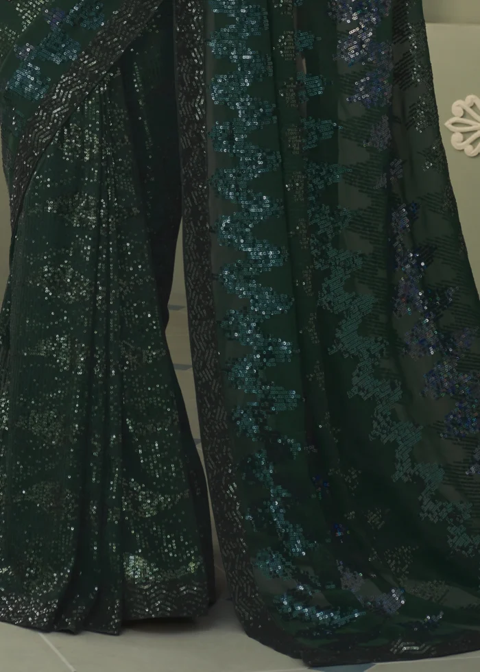 Dark Green Georgette Sequins Saree