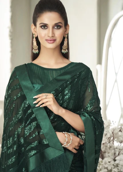 Dark Green Sequins Saree