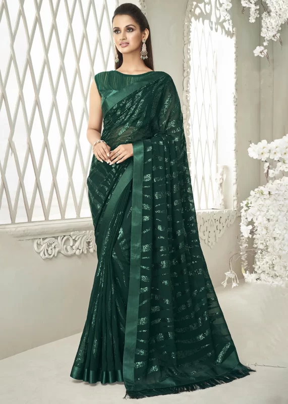 Dark Green Sequins Saree