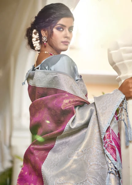 Dark Pink & Gray Banarasi Silk Saree