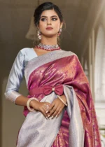 Dark Pink & Gray Banarasi Silk Saree