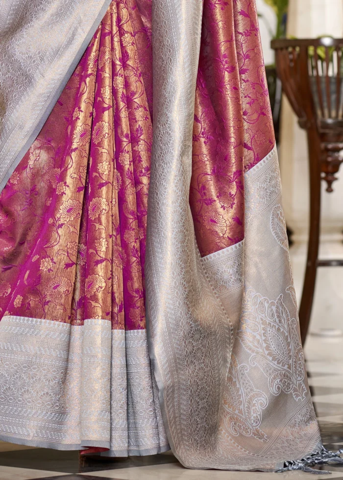 Dark Pink & Gray Banarasi Silk Saree