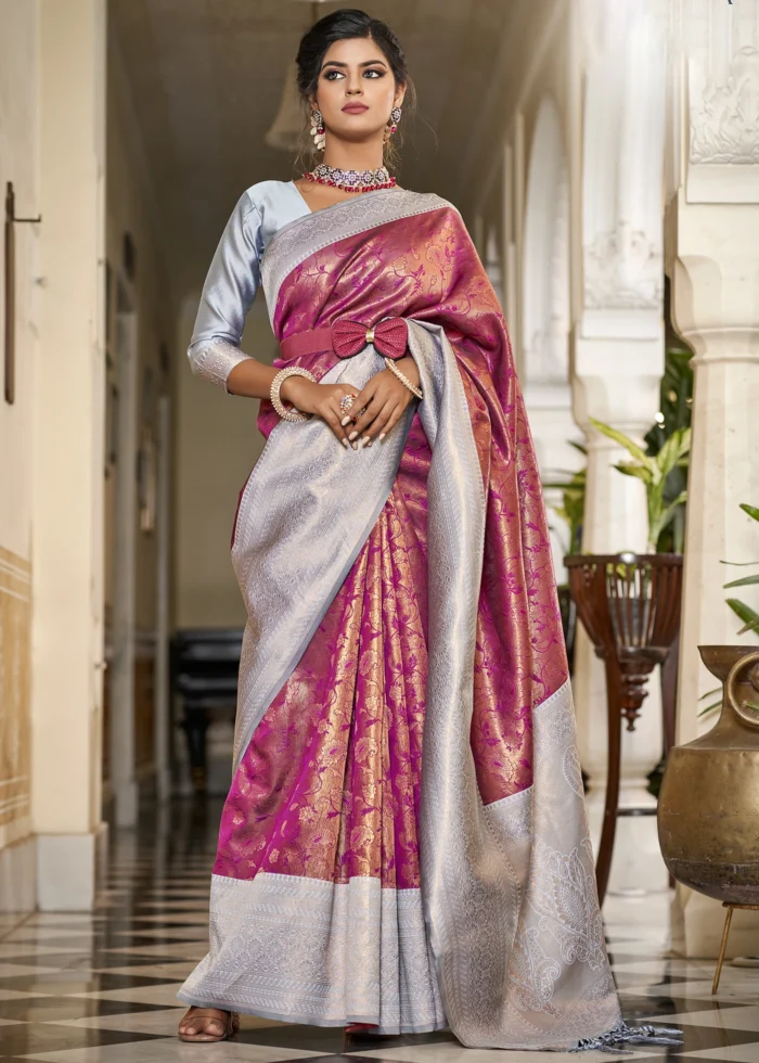 Dark Pink & Gray Banarasi Silk Saree