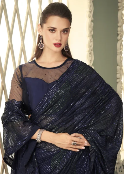 Dazzling Blue Georgette Sequins Saree