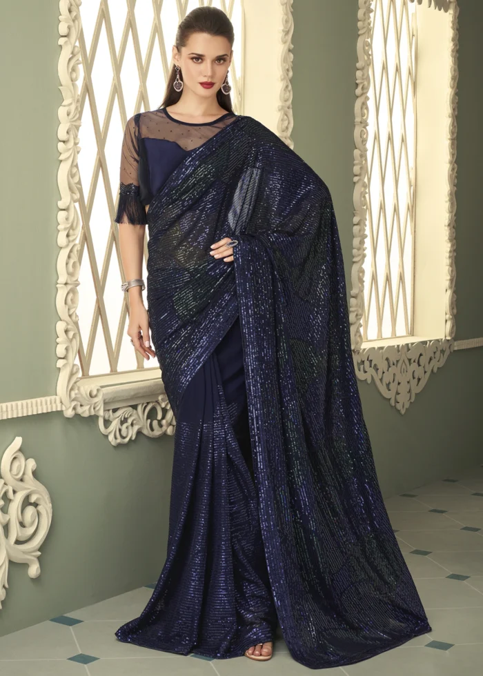 Dazzling Blue Georgette Sequins Saree