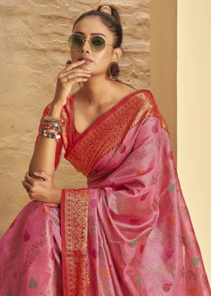 Flamingo Pink Banarasi Silk Saree