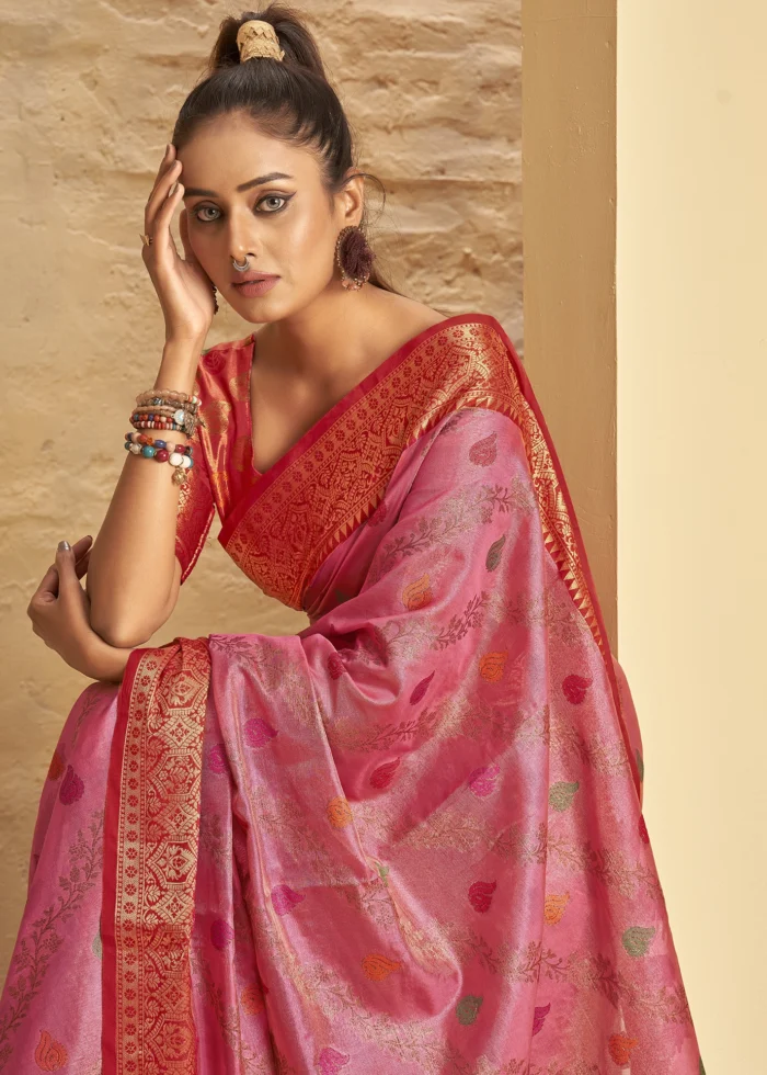 Flamingo Pink Banarasi Silk Saree