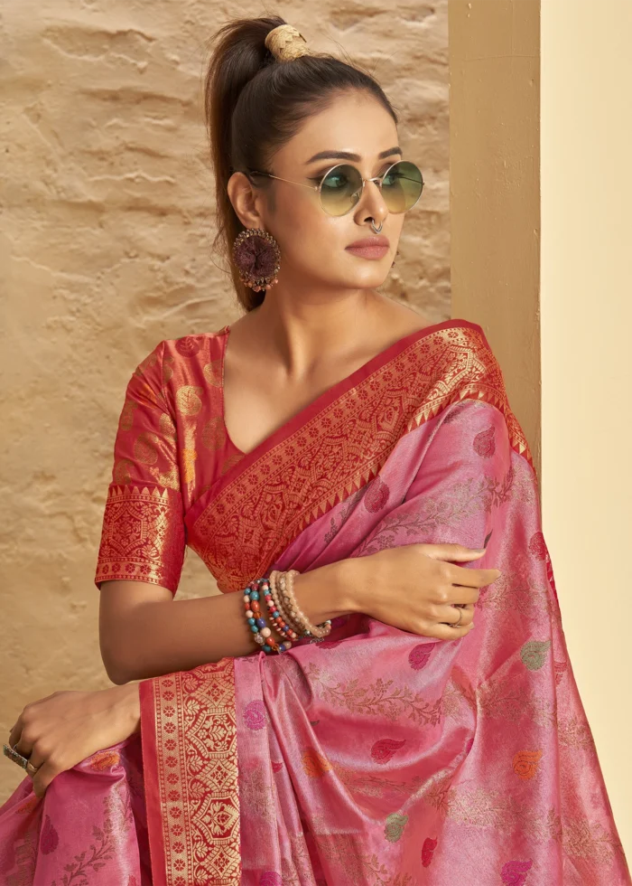 Flamingo Pink Banarasi Silk Saree