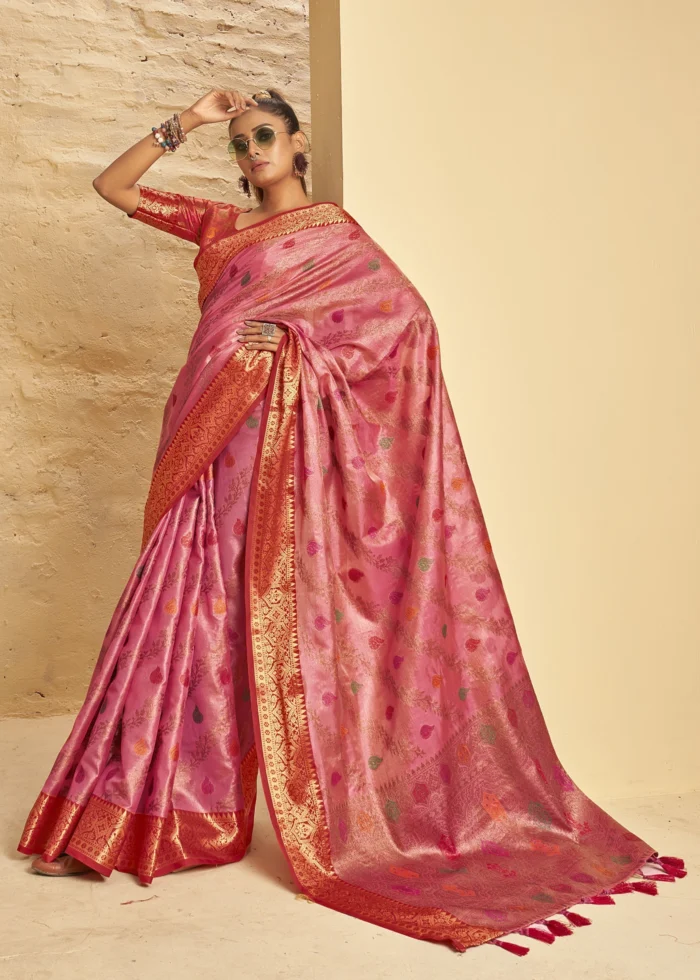 Flamingo Pink Banarasi Silk Saree