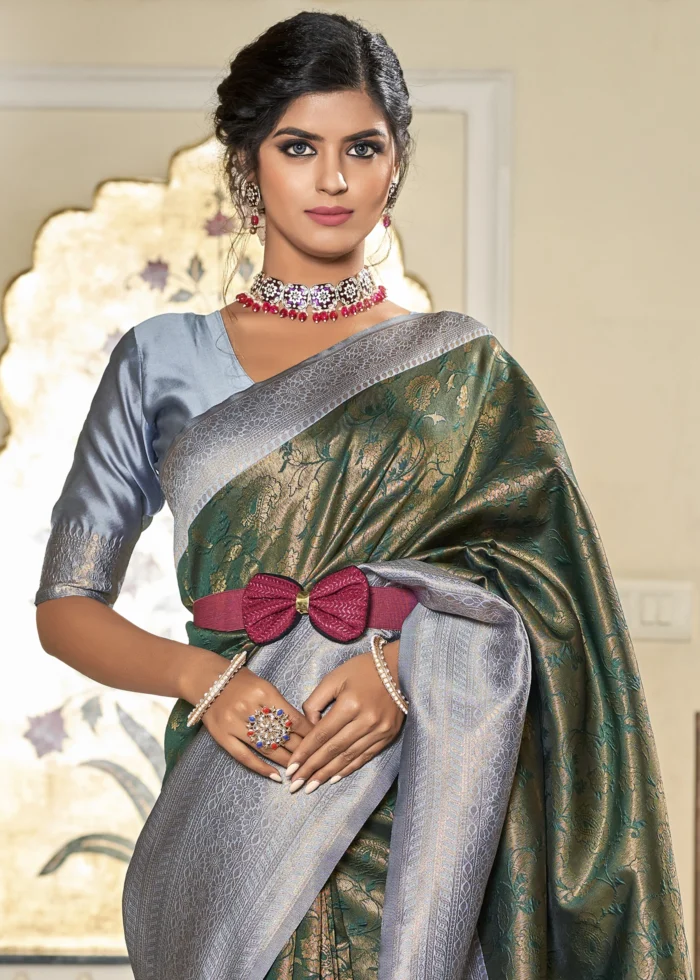 Forest Green & Gray Banarasi Silk Saree