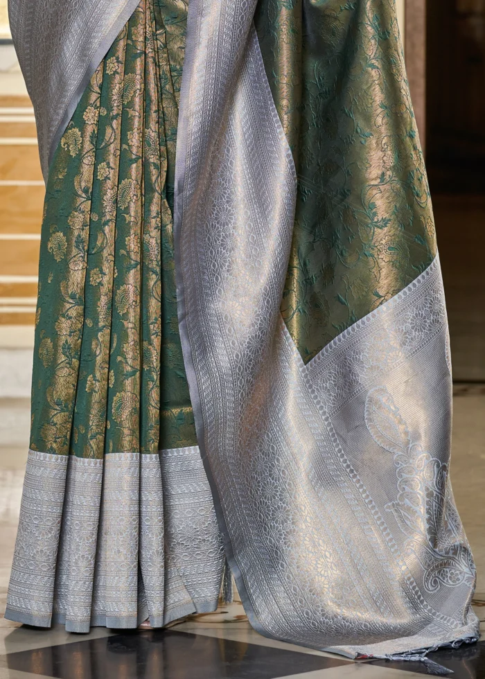 Forest Green & Gray Banarasi Silk Saree