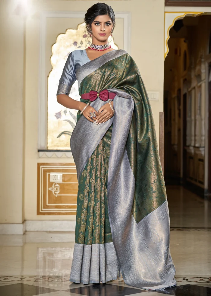 Forest Green & Gray Banarasi Silk Saree