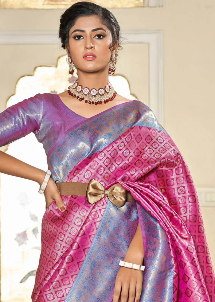 Fuchsia Pink & Blue Banarasi Silk Saree