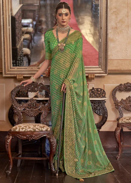 Grass Green Georgette Silk Saree