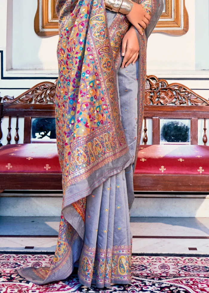 Gray Kashmiri Jamawar Pashmina Saree