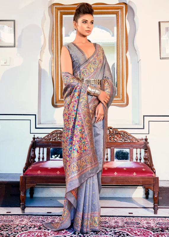 Gray Kashmiri Jamawar Pashmina Saree