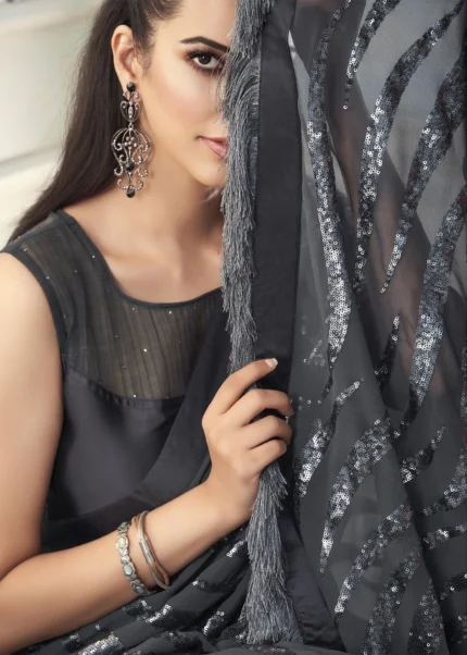 Gray Sequins Saree