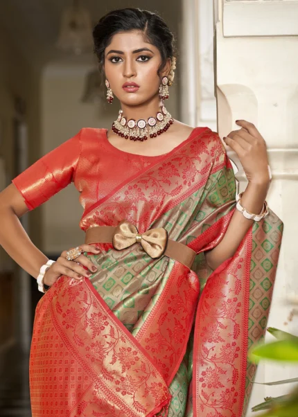 Green & Red Banarasi Silk Saree