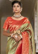 Green & Red Banarasi Silk Saree