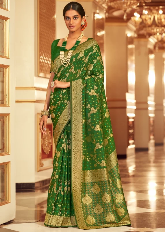 Leaf Green Chiffon Banarasi Saree