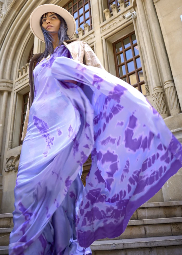 Lilac Blue Satin Crepe Saree