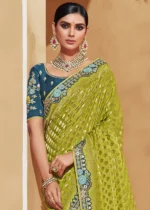 Lime Green & Blue Banarasi Saree