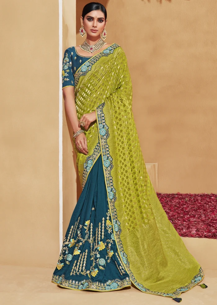 Lime Green & Blue Banarasi Saree