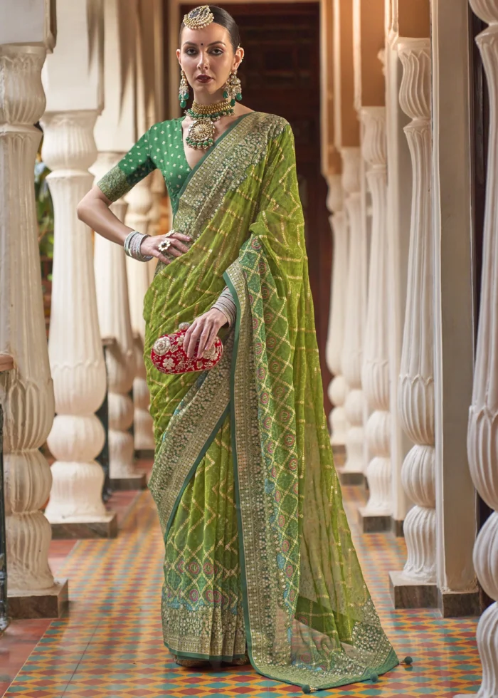 Lime Green Georgette Silk Saree