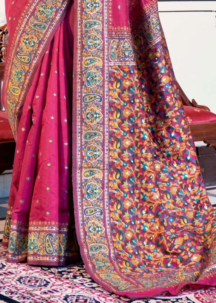 Magenta Pink Kashmiri Jamawar Pashmina Saree