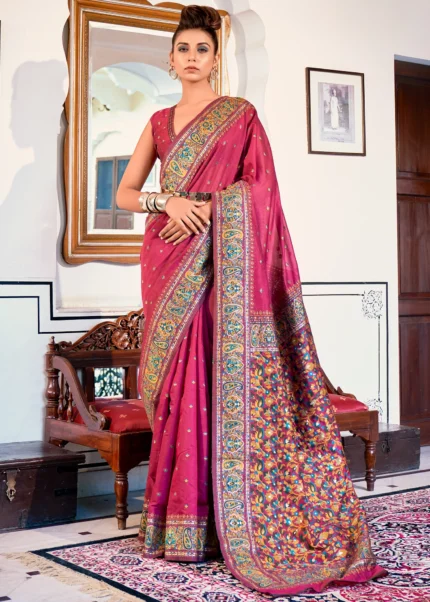 Magenta Pink Kashmiri Jamawar Pashmina Saree