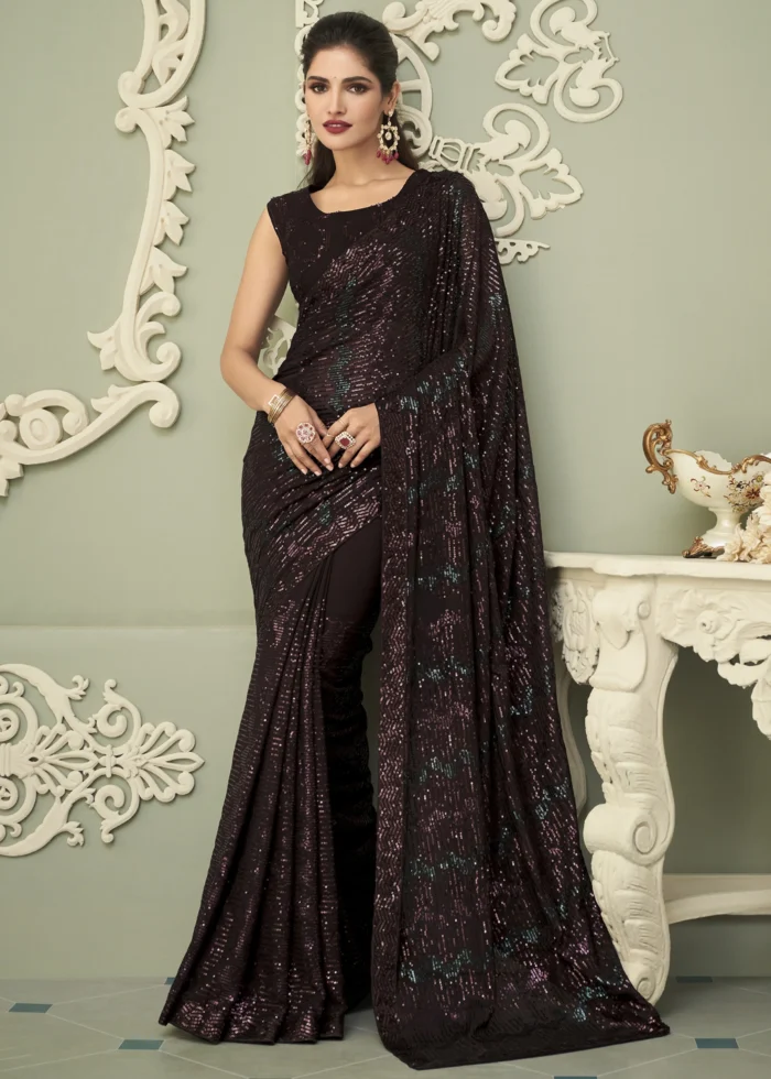 Mocha Brown Georgette Sequins Saree