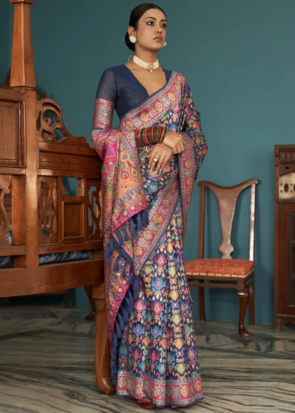 Navy Blue Kashmiri Jamawar Saree