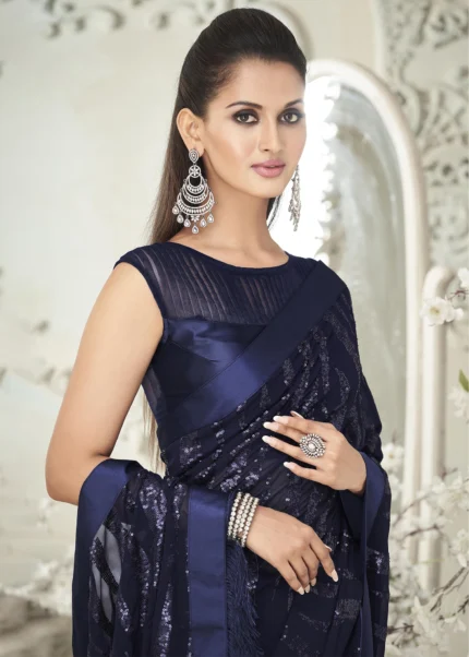 Navy Blue Sequins Saree