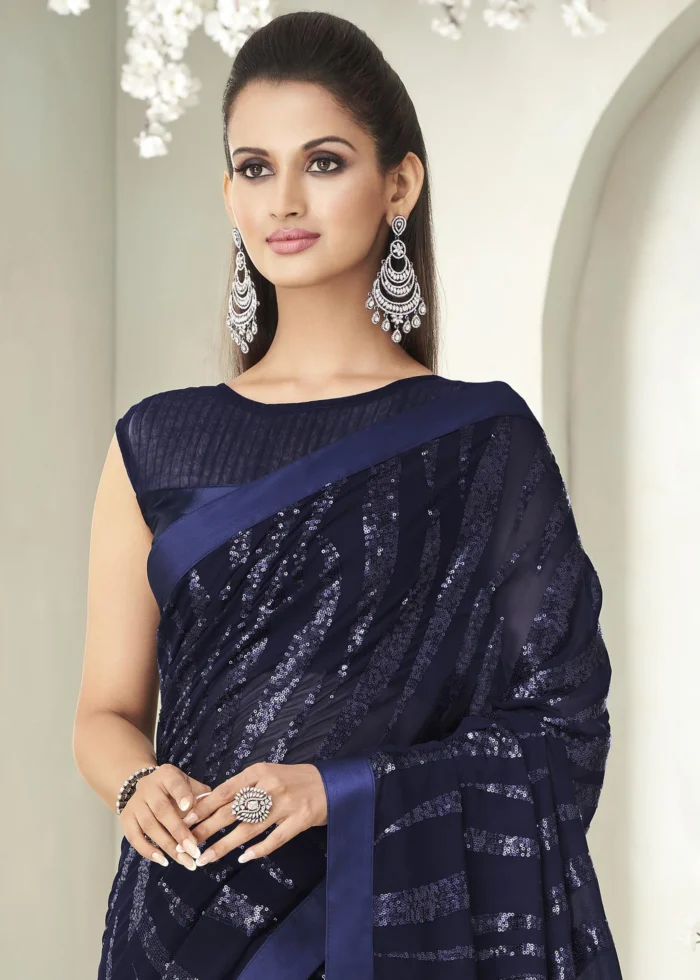 Navy Blue Sequins Saree