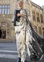 Off White Satin Crepe Saree