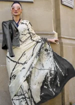 Off White Satin Crepe Saree