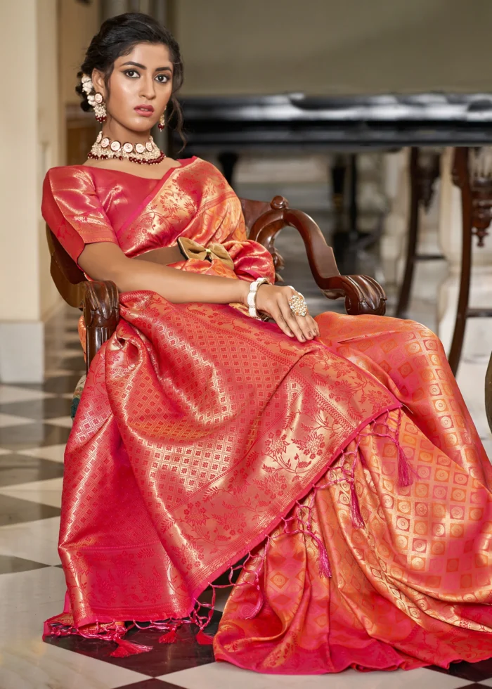 Orange & Pink Banarasi Silk Saree